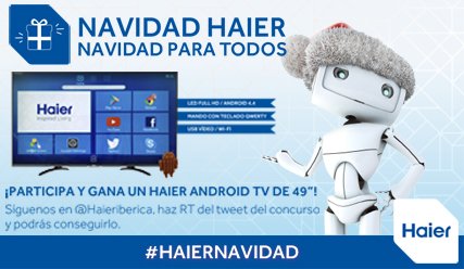 haier_aire's tweet photo. Sigue @Haieriberica, haz RT de este tweet y participa en el #sorteo de un Haier Android TV de 49" #HaierNavidad https://t.co/uVsCdWcECm
