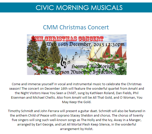MorningMusicals's tweet photo. The Wed. Lunch series continues! Next week Our Holiday concert! Music: the reason to celebrate the season! #CMM125 https://t.co/hgBixk65bm
