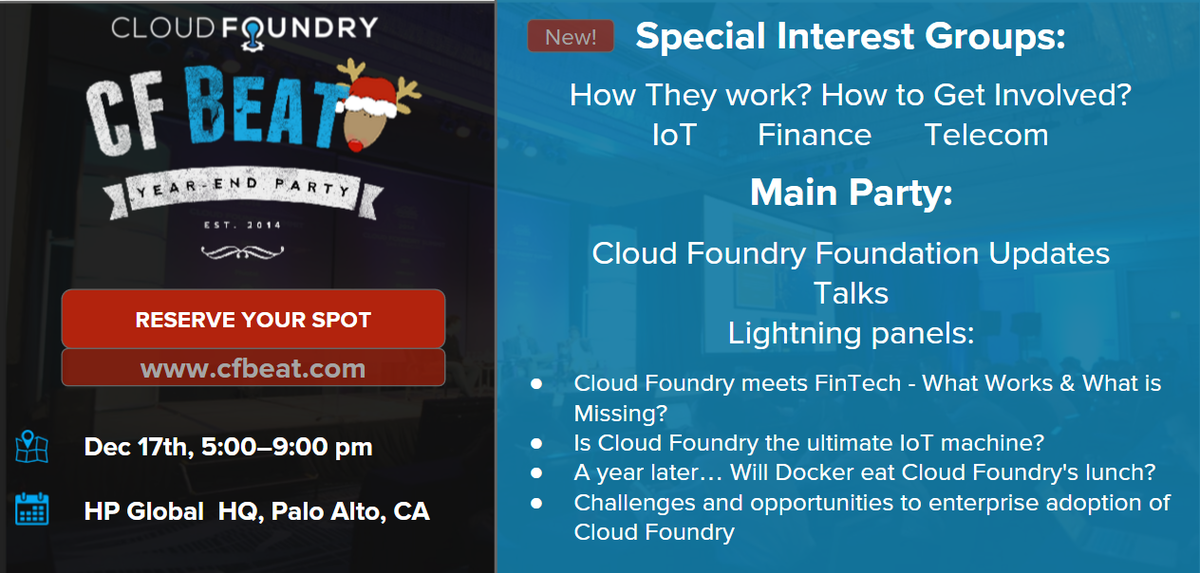 NataliaUsenia's tweet photo. #CloudFoundry Holiday Mixer Agenda: https://t.co/CllAppcCoI  SIGs, Lightning Panels #Docker #FinTech #IoT #cfbeat https://t.co/GVeElHfDG4