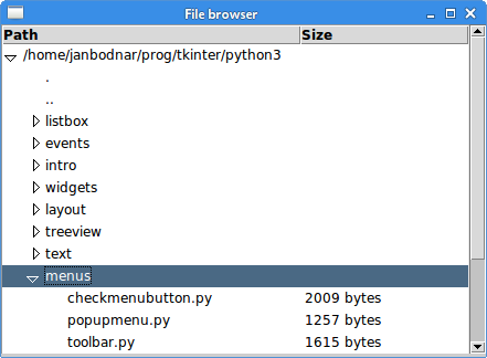 janbodnar's tweet image. From my upcoming Tkinter book: browsing files with the Treeview widget. 
#zetcode #tkinter #tk #python