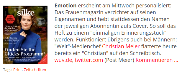 turi2's tweet photo. Frauenmagazin "Emotion" erscheint morgen personalisiert - auch bei männlichen Abonnenten. https://t.co/VgmOBDtt78 https://t.co/UXhTECHuYb