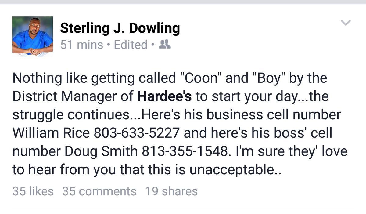 crooklyndodger's tweet photo. @Hardees is this how you train your district managers??? This is unacceptable!!! @SterlingDowling stand tall bro!! https://t.co/PGnCvS41ih