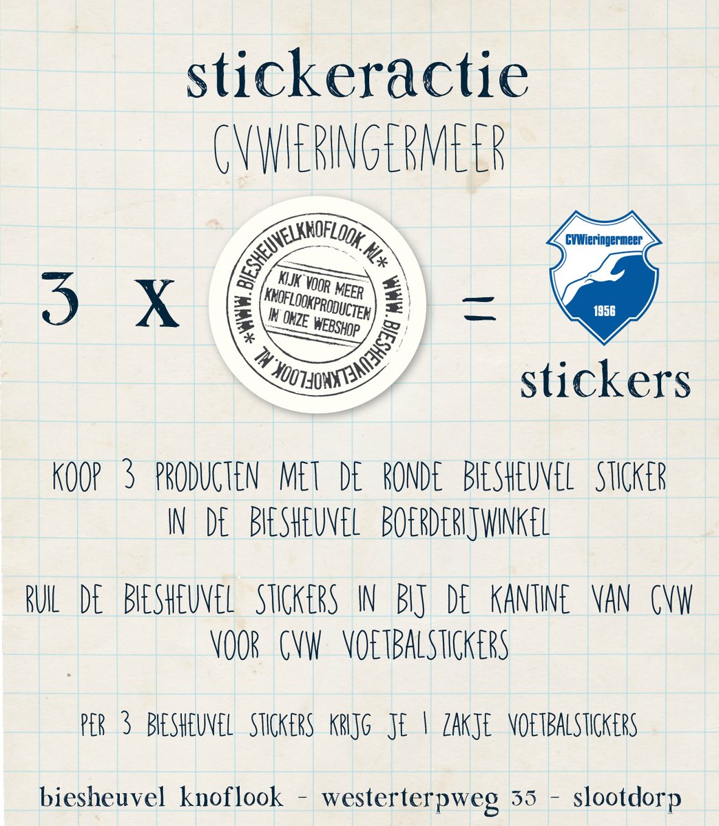 Stickeractie <a href="/BiesKnoflook/">BiesheuvelKnoflook</a> <a href="/CVWieringermeer/">CVWieringermeer.nl</a>