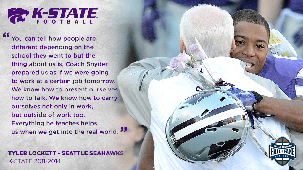 kstatesports's tweet photo. As Coach Snyder is inducted into the @cfbhall, @TDLockett12 reflects on his time as a Wildcat. #Family https://t.co/8bQarH3lMt