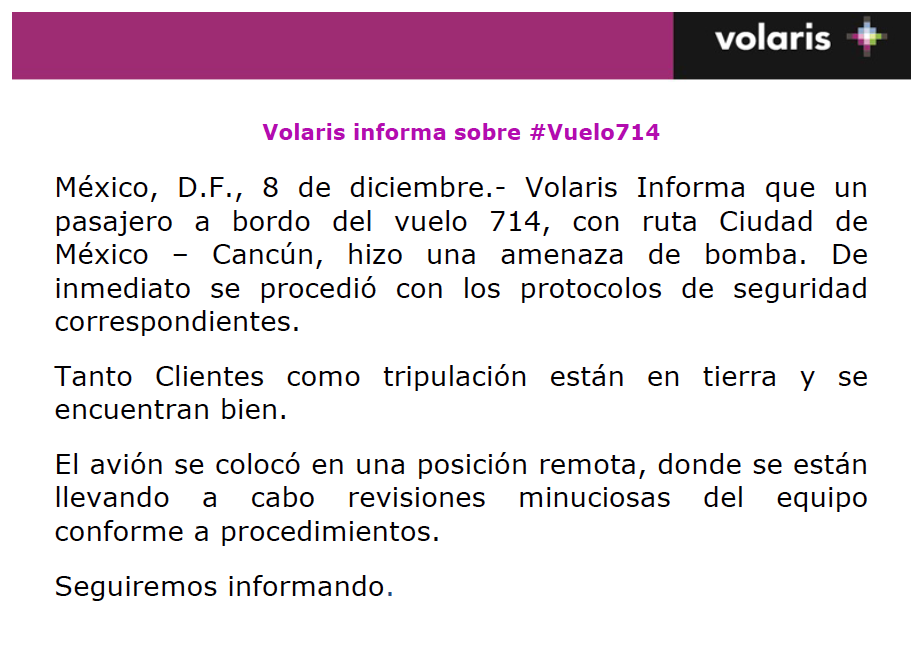 viajaVolaris's tweet photo. Volaris informa sobre #Vuelo714 https://t.co/xsBYZ3aWgc