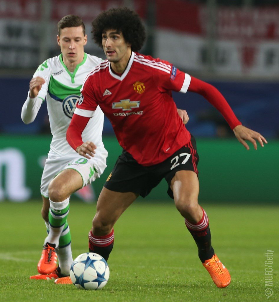 PIC: Marouane Fellaini in action as #mufc push for an important goal in Wolfsburg.