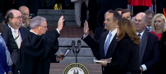 KyTonightKET's tweet image. At the public ceremony, @GovBevin receives the oath of office from Justice John Minton.