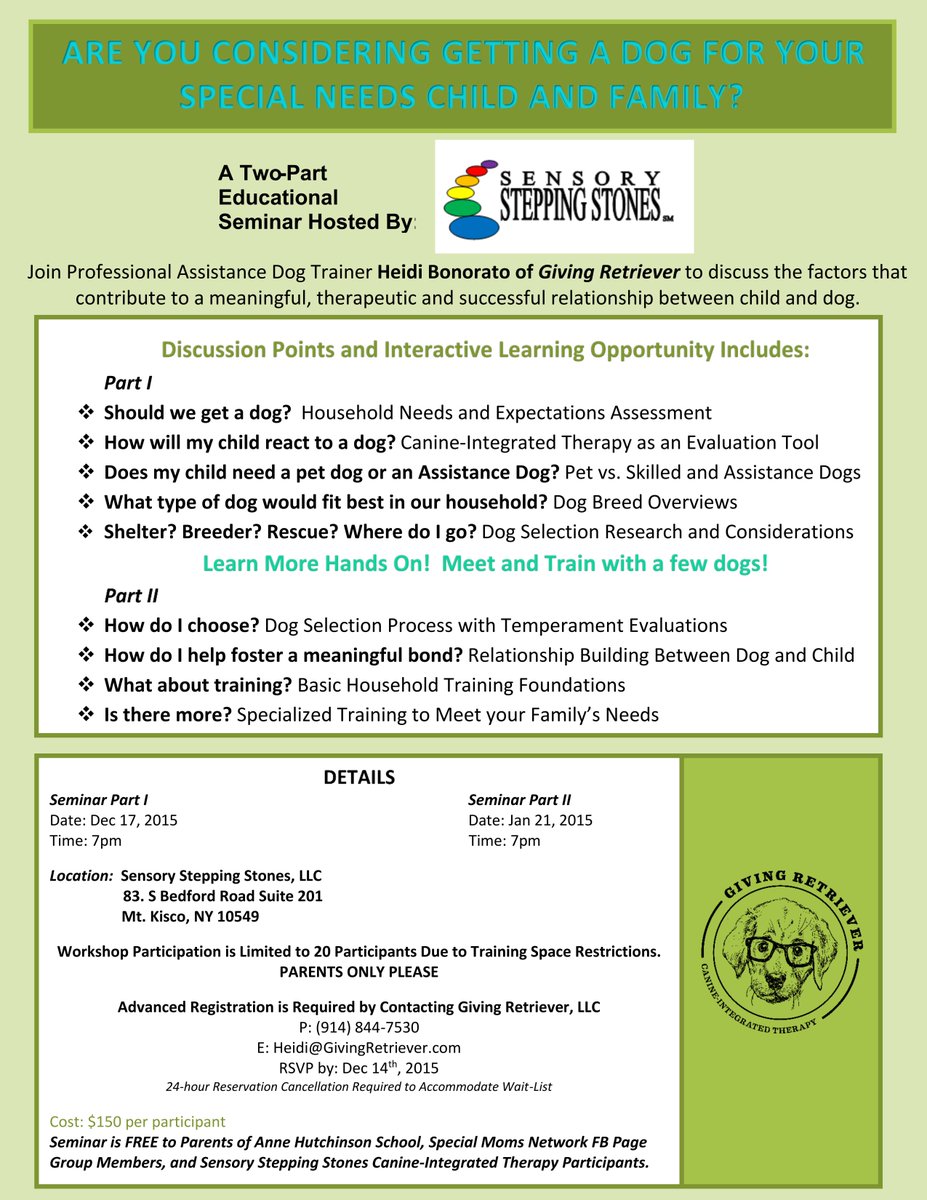 GivingRetriever's tweet photo. Are you considering getting a dog for your special needs child or teen? Attend this upcoming workshop! https://t.co/I7FkS0mGWY