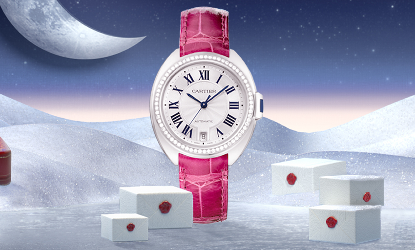 The #CledeCartier in white gold &amp; diamonds on a festive pink strap will make her holiday truly memorable.
