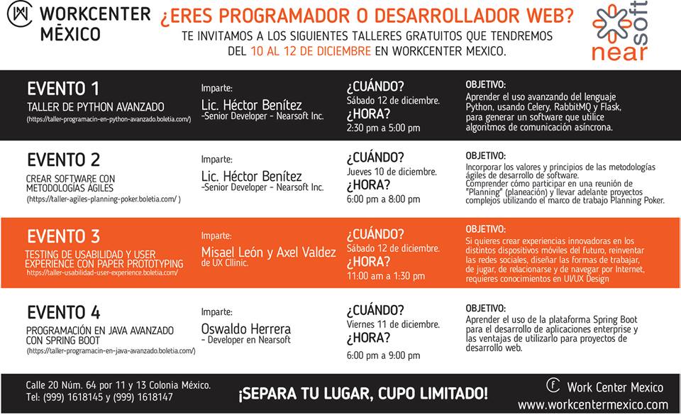 DonChambitas's tweet image. Chequen los Talleres Gratuitos que la comunidad @NearsoftJobs organizó pa esta semana en el #WorkCenter de #Mérida.