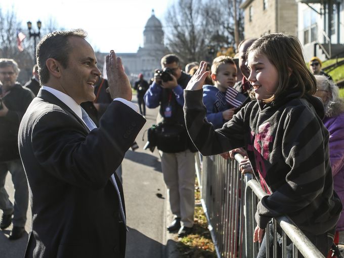 courierjournal's tweet image. In break with tradition, @MattBevin leads inauguration parade cjky.it/1NJlc2J #kygov