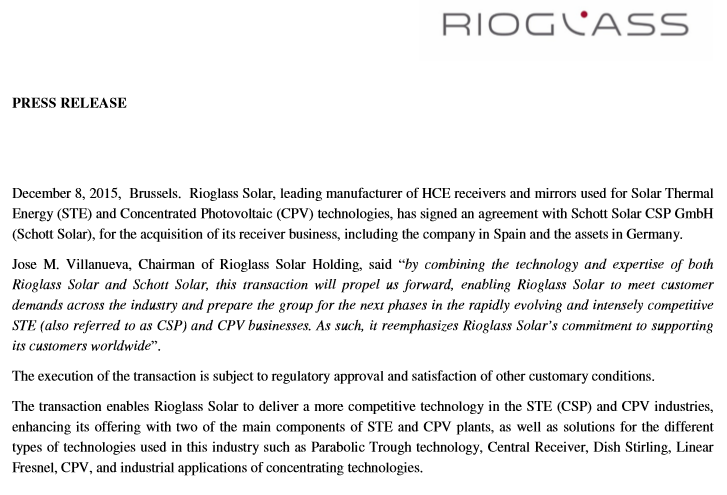 rioglass's tweet photo. Rioglass Solar has signed an agreement with Schott Solar CSP GmbH for the acquisition of its receiver business. https://t.co/gT2QjRJazL