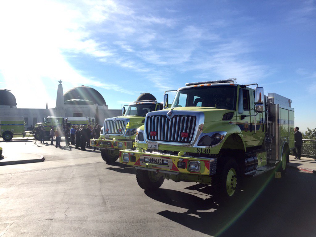 LAFDvalley's tweet photo. LAFD welcomes brush firefighting rigs from Cal OES at Griffith Observatory, making our community safer! #asafercity https://t.co/foXGtBouXw
