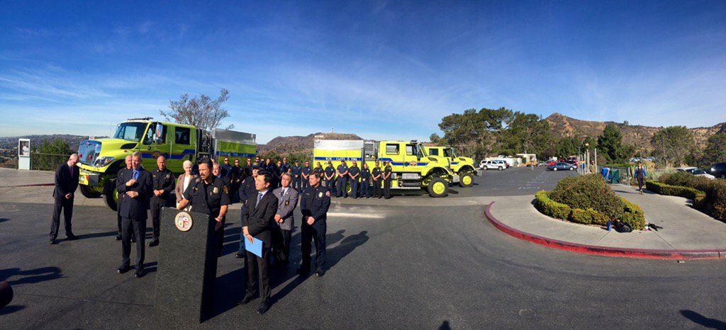 LAFDvalley's tweet photo. LAFD welcomes brush firefighting rigs from Cal OES at Griffith Observatory, making our community safer! #asafercity https://t.co/foXGtBouXw