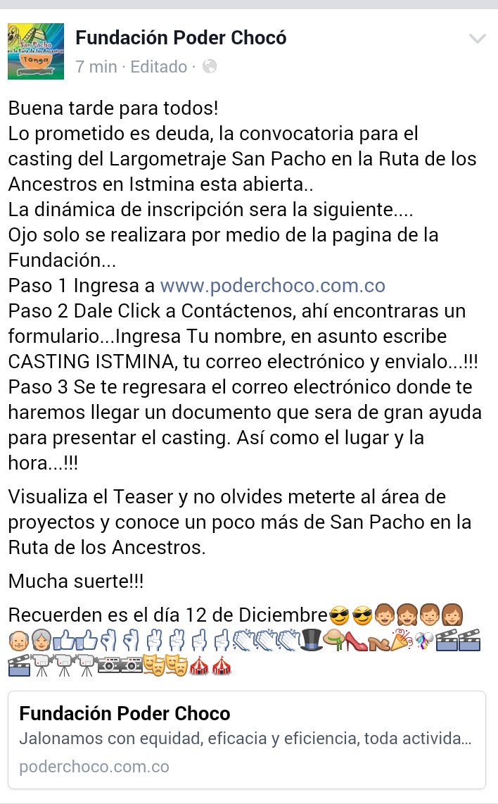 PoderChoco's tweet photo. #Casting #SanPachoEnLaRutaDeLosAncestros
#Istmina https://t.co/I1uE6MXzFJ