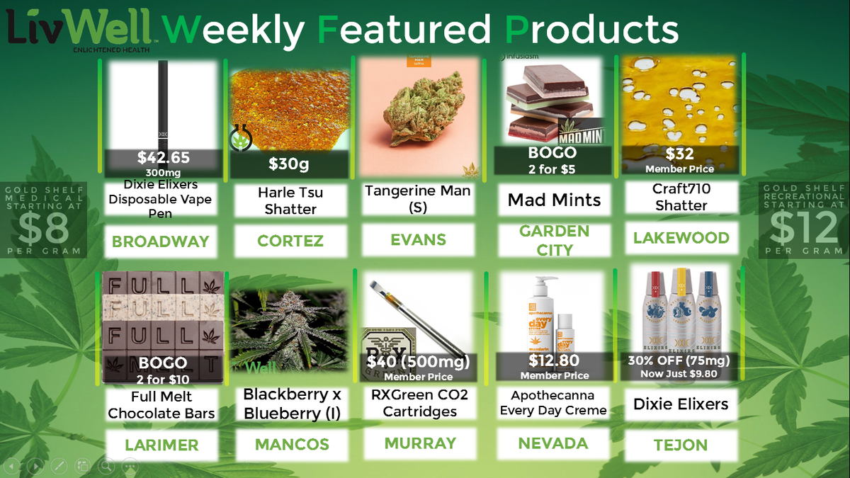 LivWellCannabis's tweet photo. Weekly Featured Products: @DixieElixers, @LeafsBySnoop, @Craft_710, @RXGreenPatch, @Apothecanna, #Infusiasm, & buds! https://t.co/U22aqmRQyS