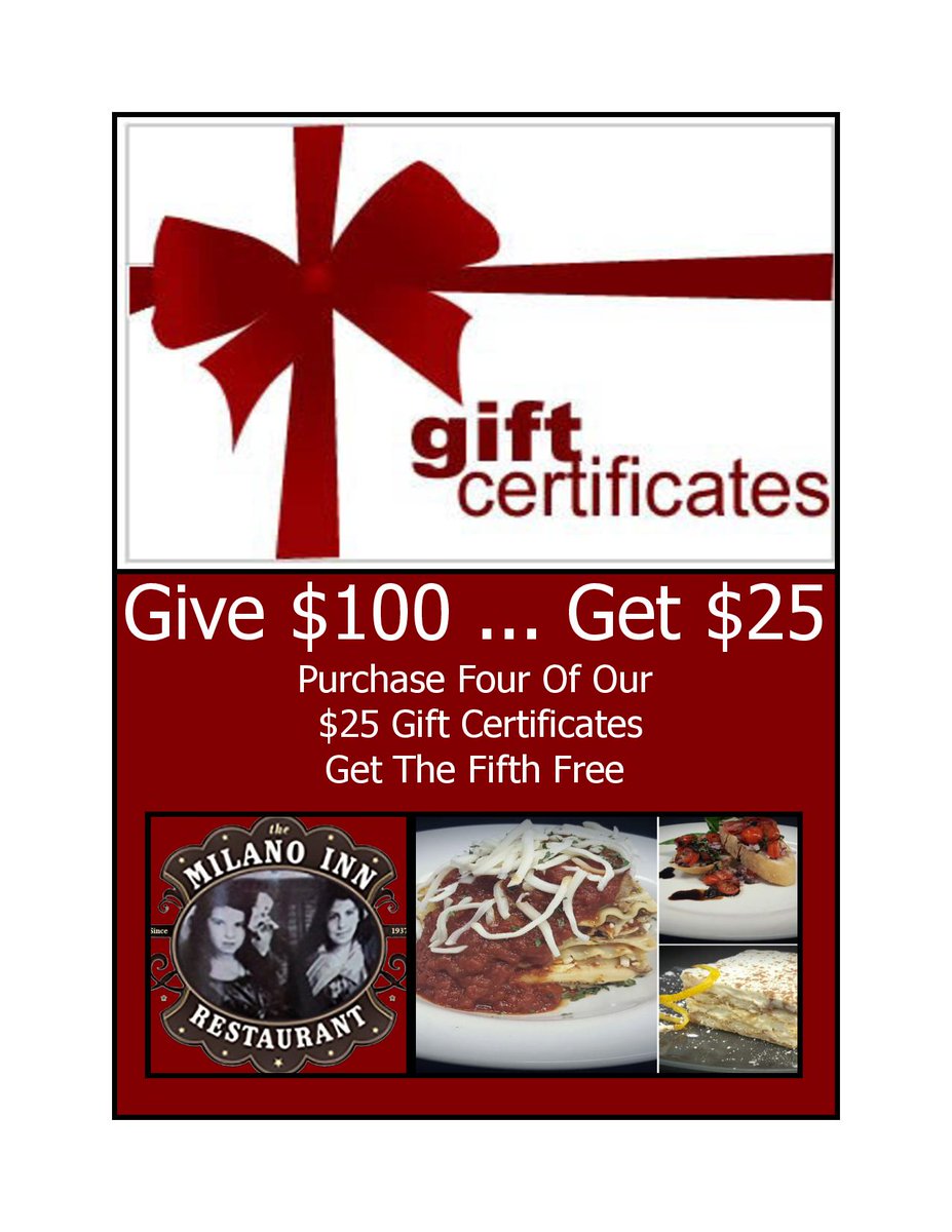 MilanoInn's tweet image. This Year Give $100 &amp;amp; Get $25!! Buy 4 Of Our $25 Gift Certificates And Get 1 Free!