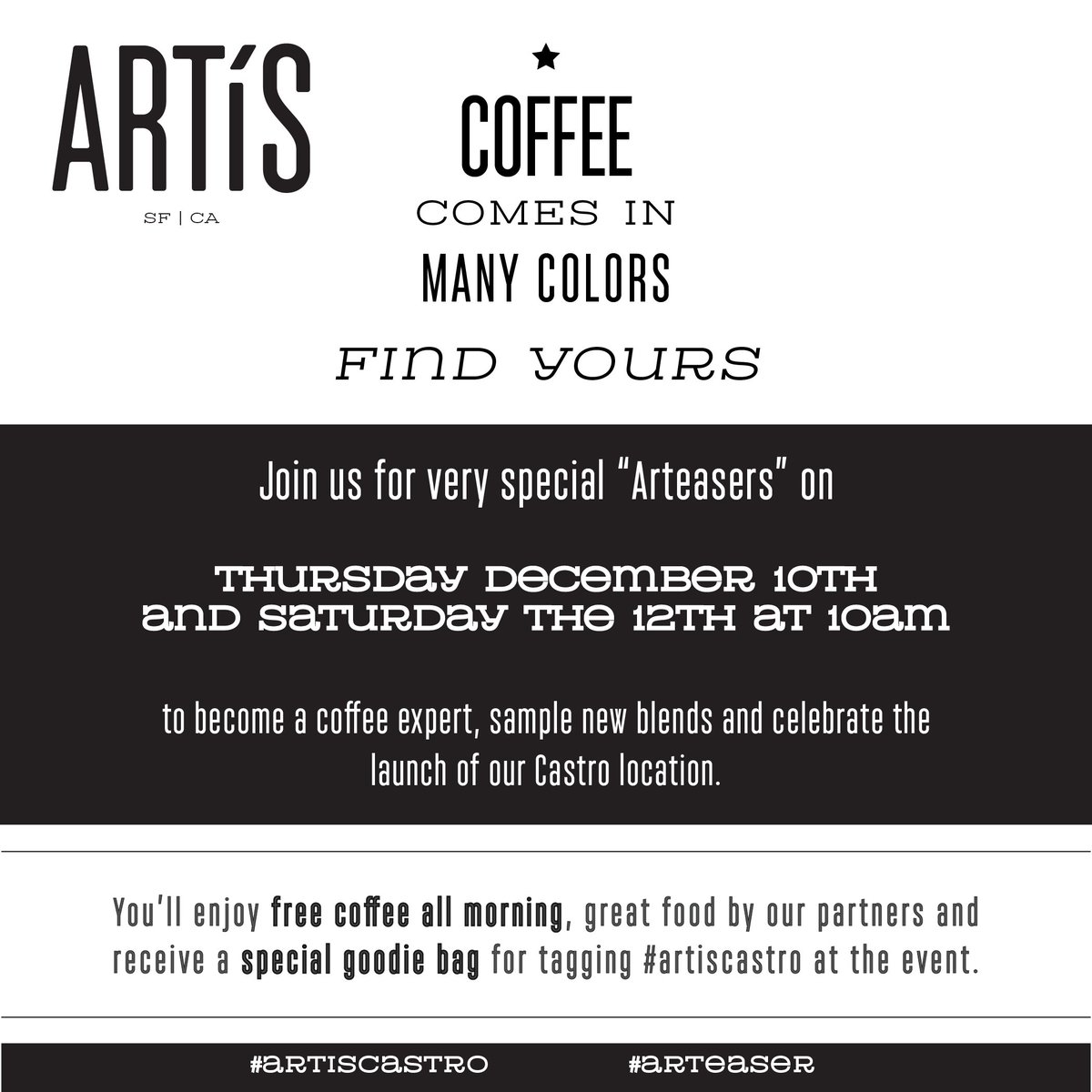artiscoffee's tweet photo. @glamsnack We would love it if you joined us at our #arteaser event in Castro St. https://t.co/T2PitsKLWs