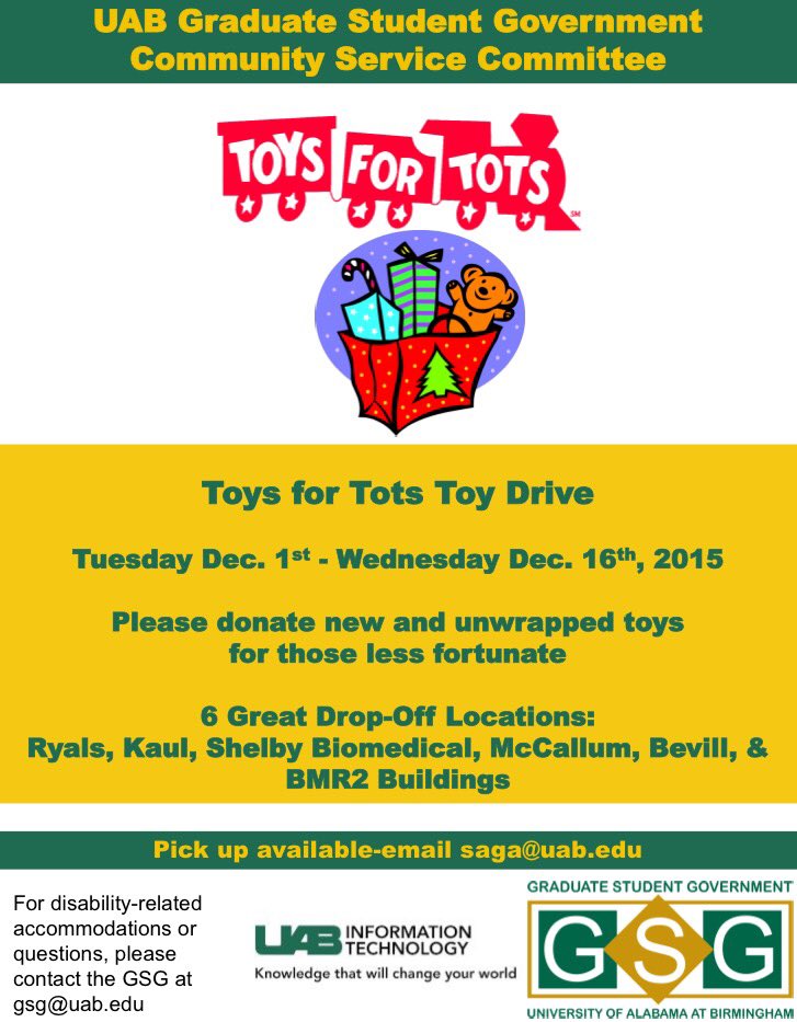 Donate to the GSG's Toys for Tots drive. Drop of new unwrapped presents in boxes located in your building.
