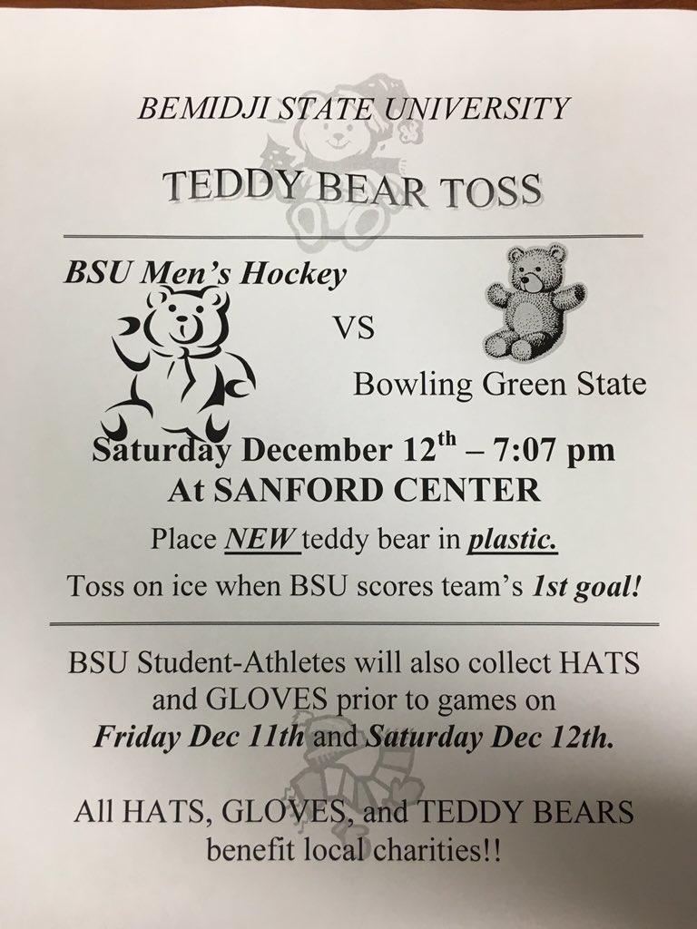 Everyone come out to the hockey game on Saturday December 12th for the Teddy Bear Toss!