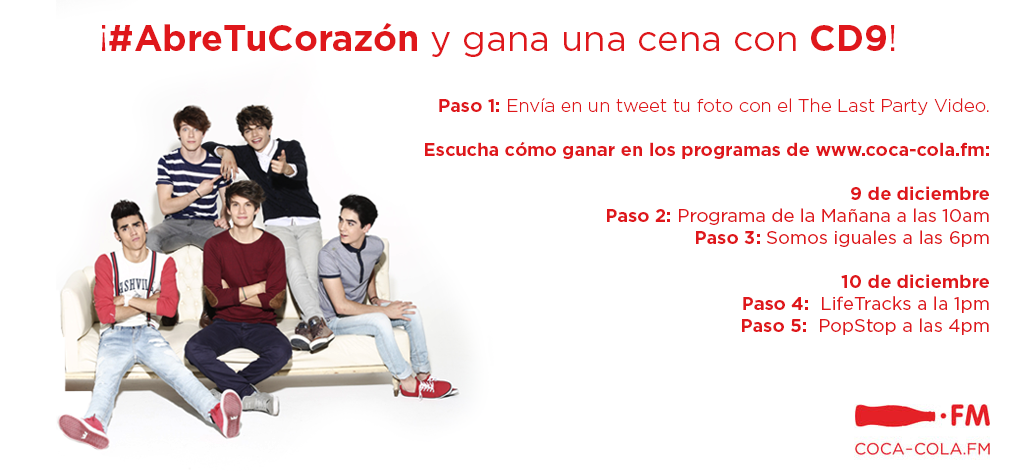 CocaColaFM's tweet image. #AbreTuCorazón y gana una de las 10 cenas con @SomosCD9. ¡Descubre cómo participar en coca-cola.fm!