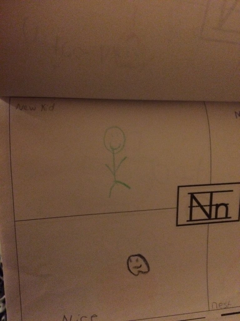 macncheese_girl's tweet photo. @NKOTB My son's ABC journal from school. Notice his first example of a word beginning with N. #2ndGenerationBH https://t.co/NLDXNKuluJ