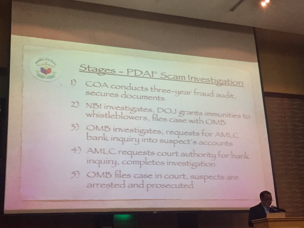 momblogger's tweet image. Stages of PDAF scam investigation as shared by Deputy @OmbudsmanPh Mosquera #DataSummitPH #breakthechain