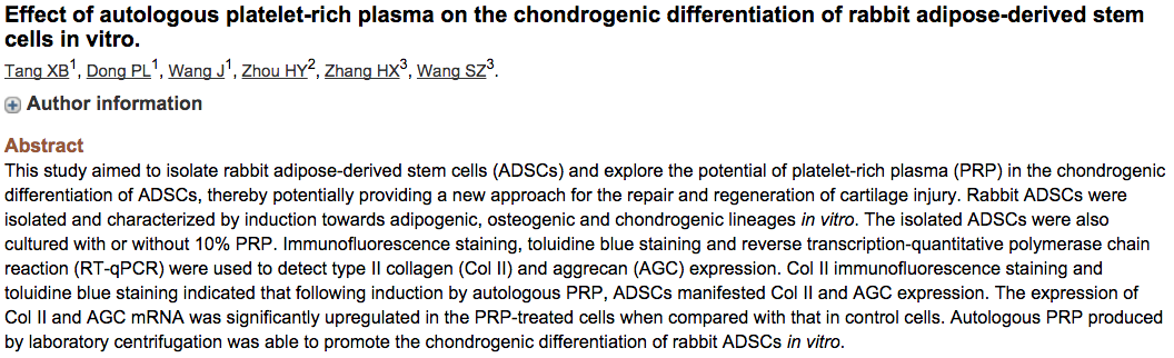 PRP helps fat derived stem cells to develop into cartilage cells in a rabbit model #PRP #arthritis <a href="/restorepdx/">RestorePDX</a>