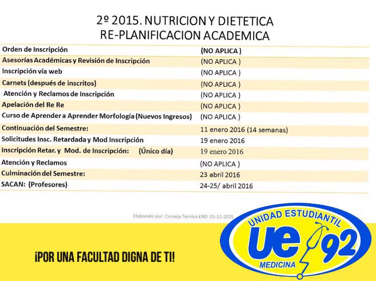 UE92MED's tweet photo. ¡Atención estudiantes de nutrición y dietética! #LUZ #UE92 #PorUnaFacultadDignaDeTi https://t.co/13OaIfdQjE