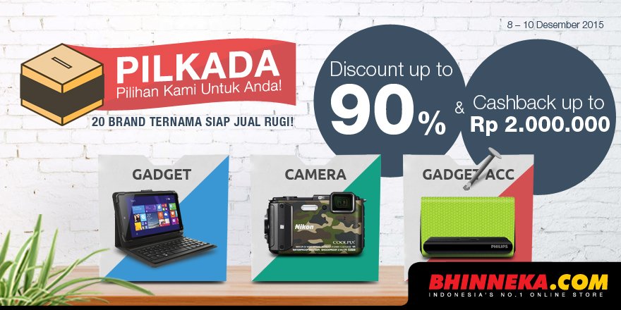 bhinneka's tweet image. Ikutan #PilkadaPromo yuk! Dapatkan diskon hingga 90% dan cashback hingga 2 juta hanya di ow.ly/VyGN6