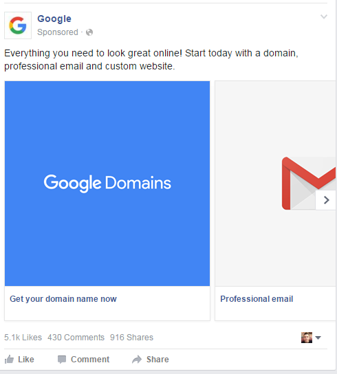 Just went to Facebook and saw an ad from Google. So I went to Google, but didn't see any ads from Facebook.