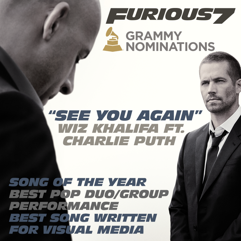 ワイルド スピード على تويتر 本作の主題歌 See You Again ウィズ カリファ Feat チャーリー プース が 第58回グラミー賞にて年間最優秀楽曲賞を含む3部門にノミネートされました 授賞式は現地時間2月15日に開催です ワイルドスピード T Co