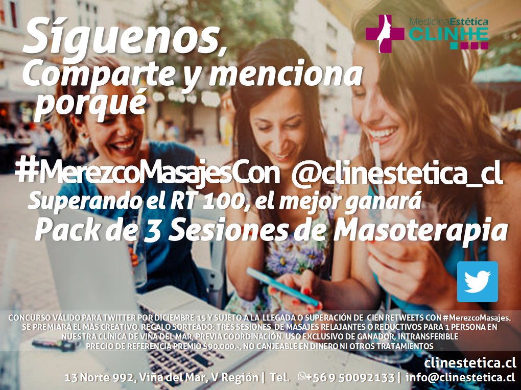ClinEstetica_cl's tweet photo. Comparte y completa ..#MerezcoMasajesCon @ClinEstetica_cl porque ............ y gana! https://t.co/btUwlTbggv