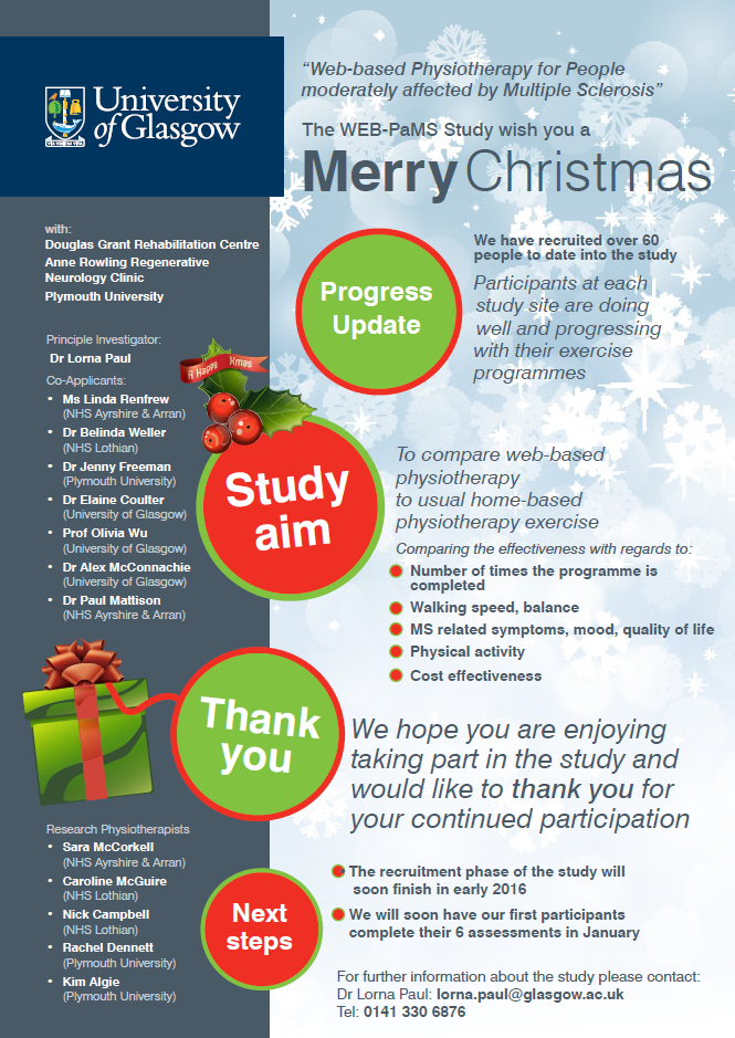 UofGRehab's tweet photo. A Christmas update on #webbasedphysio in #MS. Merry Christmas and thank you to all those taking part! @mssocietyuk https://t.co/krXU6st6Es