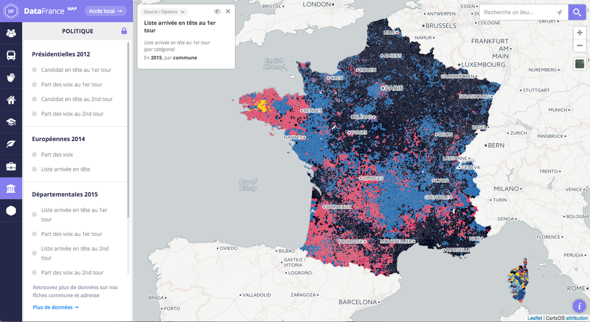 DataFrance's tweet photo. #Regionales2015 Carte interactive des listes arrivées en tête par commune https://t.co/zqRgm59xab #opendata https://t.co/kzMzh8izfn