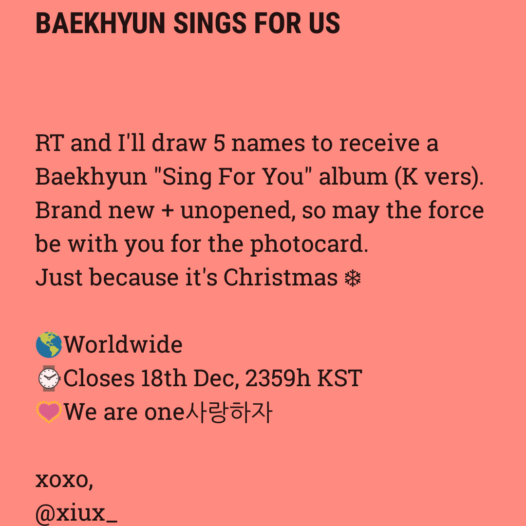 [RT PLZ HOHOHO MERRY XMAS🎄]
giving away 5 baekhyun "sing for you albums" 💜💙❤💚💛 just RT and you're set!
