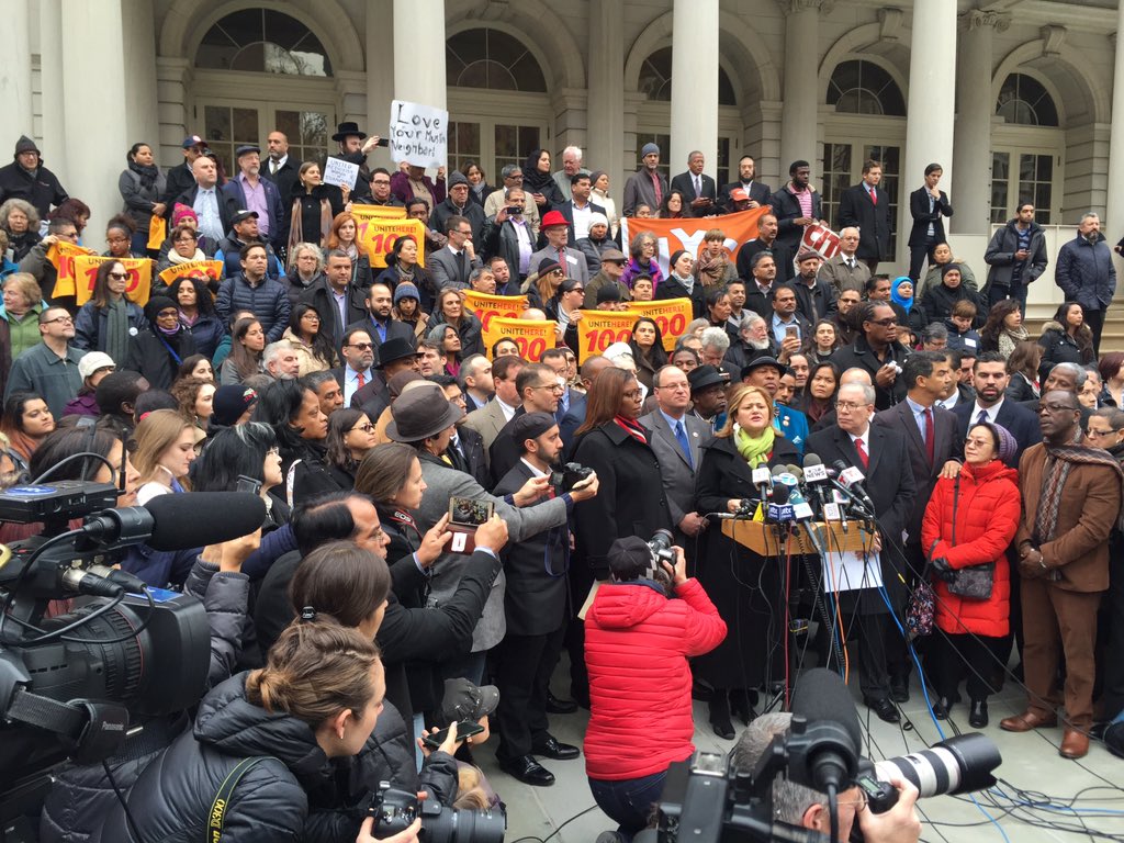 lsarsour's tweet photo. .@MMViverito is joined by @TishJames &amp; @scottmstringer &amp; @NYCCouncil to stand against hate. #WeAreOneNYC #DumpTrump https://t.co/bI2Ari8ID5