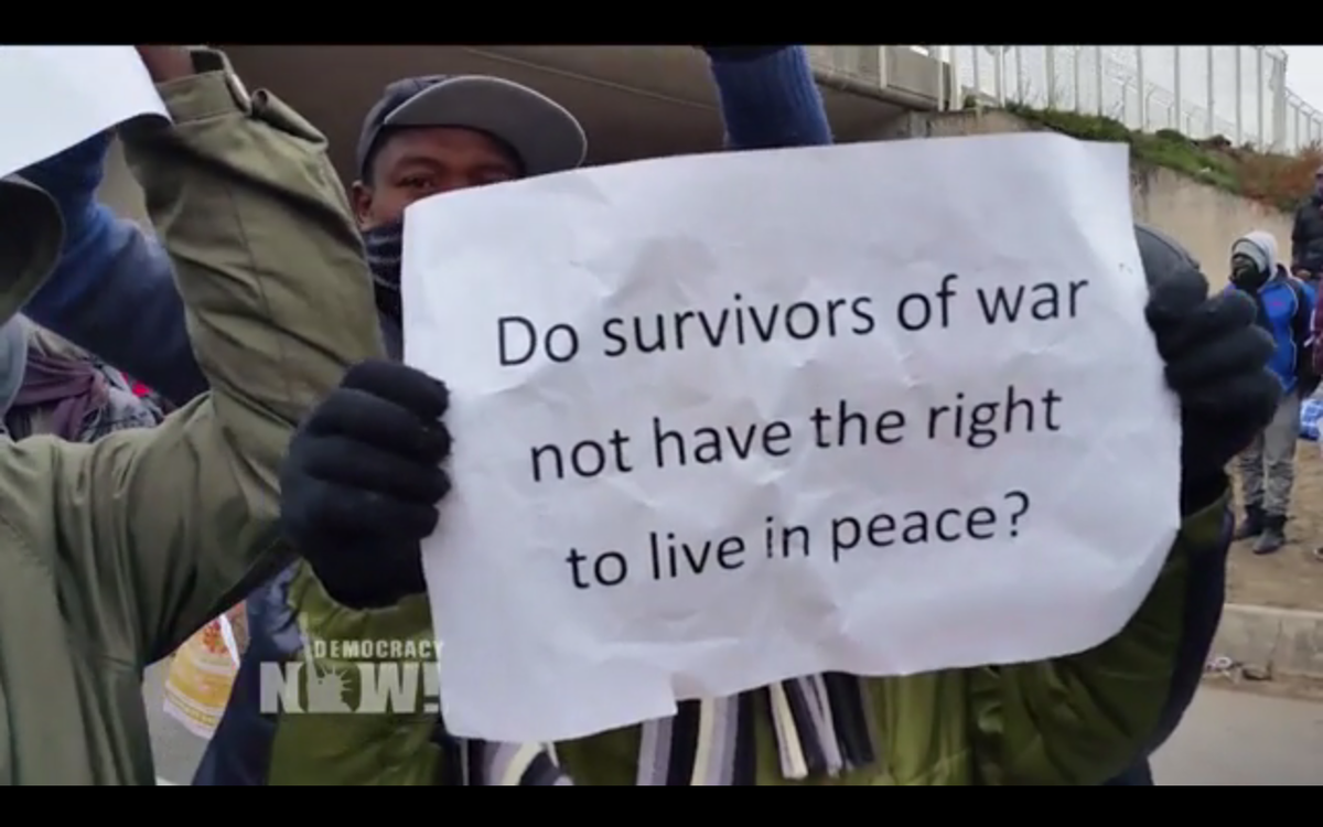 democracynow's tweet image. LIVE at democracynow.org: We interview refugees in France's largest refugee camp, in Calais.