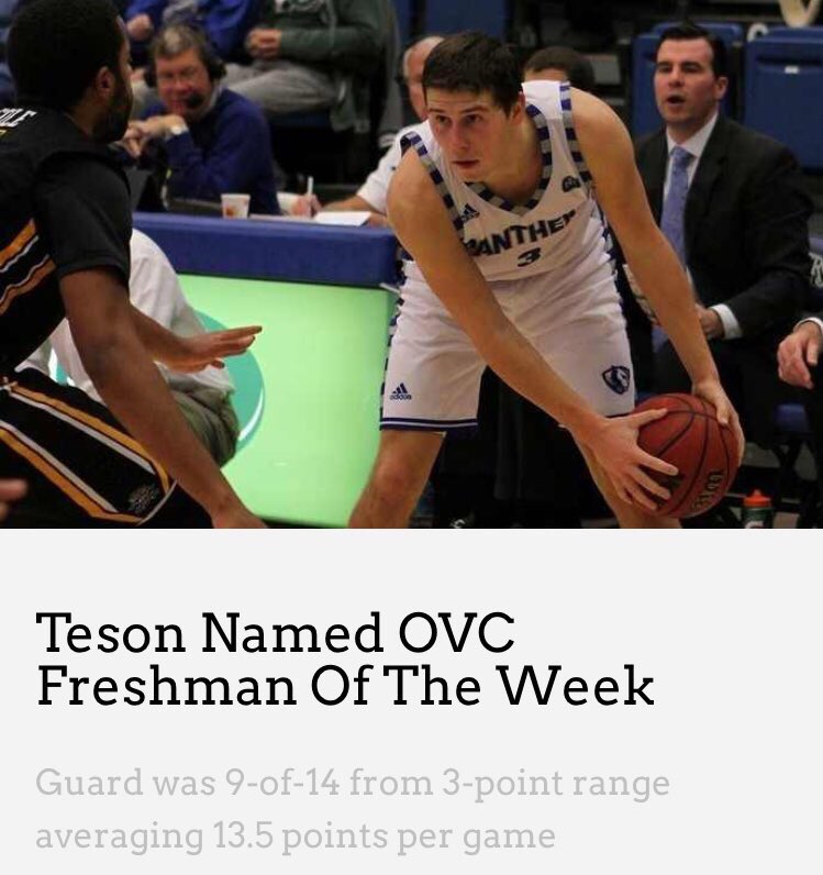 MokanBasketball's tweet photo. Congrats to @CaseyTeson on being named the OVC Freshman of the Week! #ShootersShoot https://t.co/X6V8AqYoY9