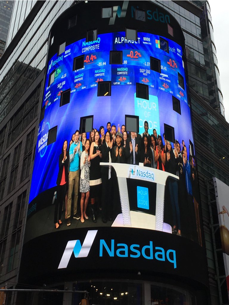 Our @coderdojo NYC co-founder @geekgirlweb ringing in the NASDAQ bell as part of #HourOfCode! #coderdojo #CSEdWeek