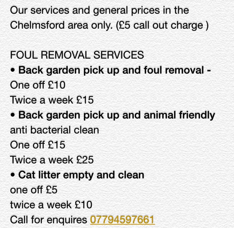 Cmpetwaste's tweet photo. Have a look at our fantastic prices, weekly visits discounted until end of December. Enjoy  #pets #Chelmsford #essex https://t.co/ILGOiM38er