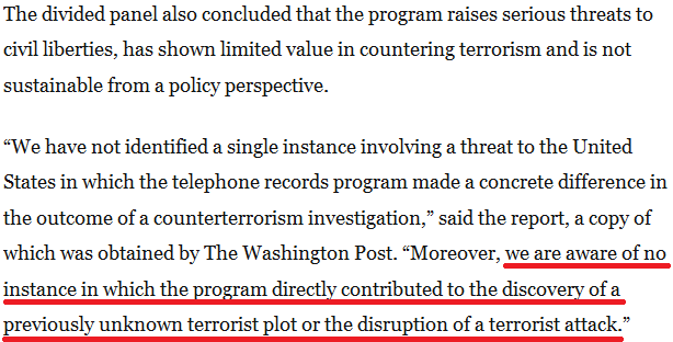 Snowden's tweet image. The govt itself admits the kind of universal surveillance the FBI Director wants has never stopped a single attack.