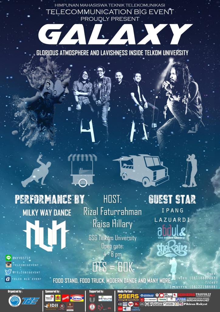 TelcoBIGEvent's tweet photo. GALAXY 2015󾟭
Guest Star:
@ipanglazuardi 
@abdullikecoffee 
@TheRainBand 
Performance by:
- Milky Way Dance
- NVN https://t.co/7uQbK8eis1