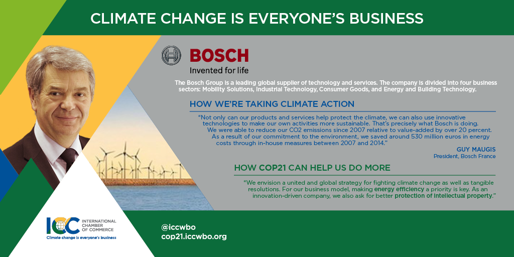 iccwbo's tweet photo. We can use innovative tech to make our own activities more sustainable, CEO @BoschFrance Guy Maugis #COP21 https://t.co/Z82qOb3gZd