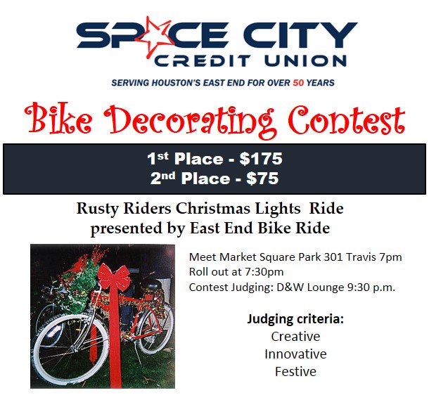 TuneParlour's tweet photo. Fri 12/11 #EastEnd BikeRide: RustyRiders XMASride @SpaceCityCU judging BikeDecoratingContest DWLounge 9:30p ride end https://t.co/30ag3LBSnd