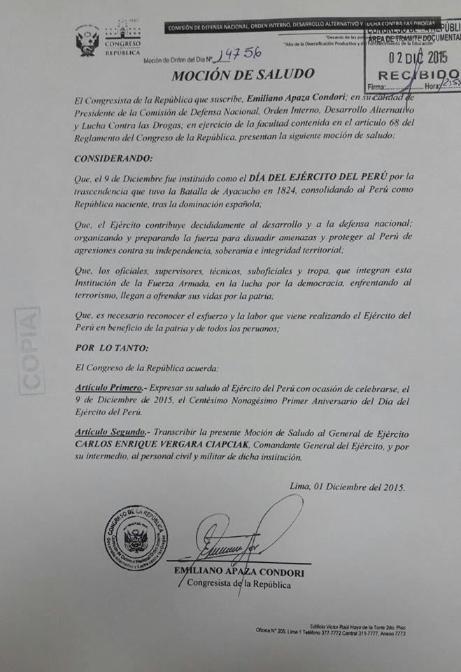 Expresar un saludo al <a href="/EjercitoPeru/">Ejército del Perú</a> por el 191° Aniversario de la Batalla de Ayacucho y Día del Ejercito del Perú.