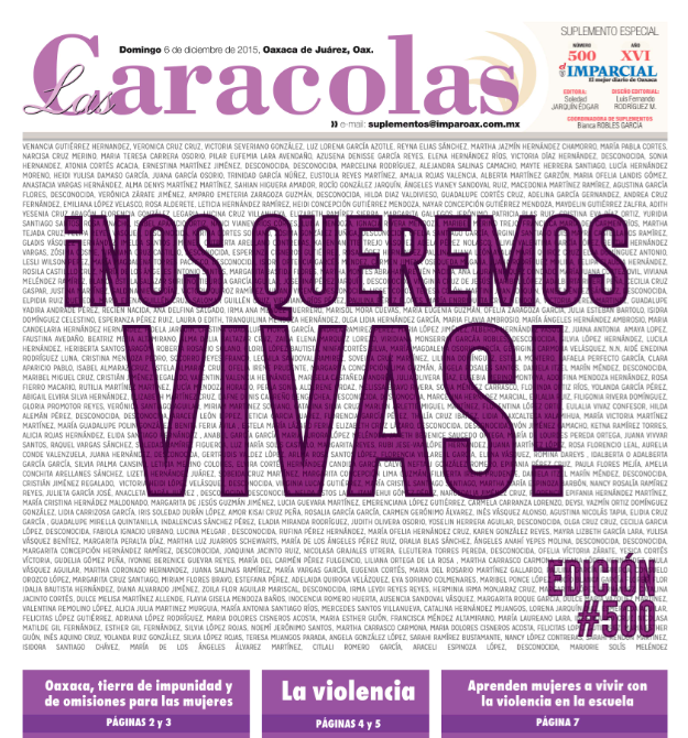 jarquinedgar's tweet photo. Portada 500 Las Caracolas @ImparcialOaxaca  Detrás los nombres de mujeres asesinadas #Oaxaca https://t.co/kPJLjDWrN7 https://t.co/QqfwJOiqfr