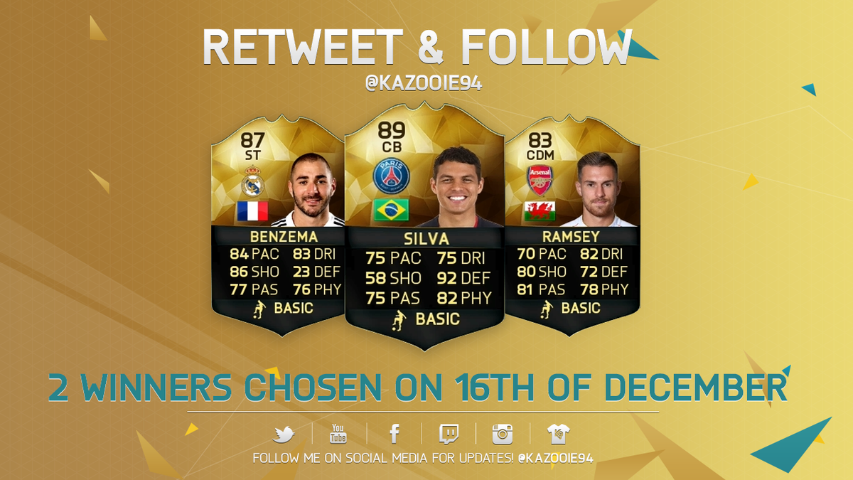 Kazooie94's tweet photo. Retweet &amp; Follow for a chance to win IF Thiago Silva, Benzema, Ramsey &amp; more!
Thanks to @EASPORTSFIFA https://t.co/5z2DAZ4PkZ