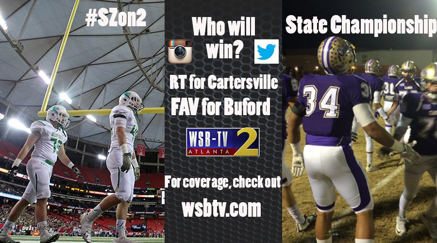 Who wins state title? RT for <a href="/CHSHurricaneFB/">CartersvilleFootball</a> FAV for <a href="/buford_football/">Buford Football</a> Pregame coverage: wsbtv.com/s/sports/highs…