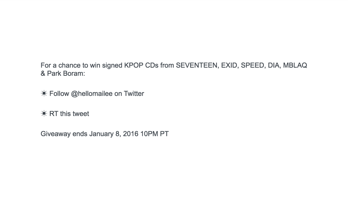 hellomailee's tweet photo. [GIVEAWAY] Win signed Kpop CDs from #SEVENTEEN #EXID #SPEED #DIA MBLAQ &amp; Park Boram! Follow &amp; RT to enter~ https://t.co/K9QjoUufWL